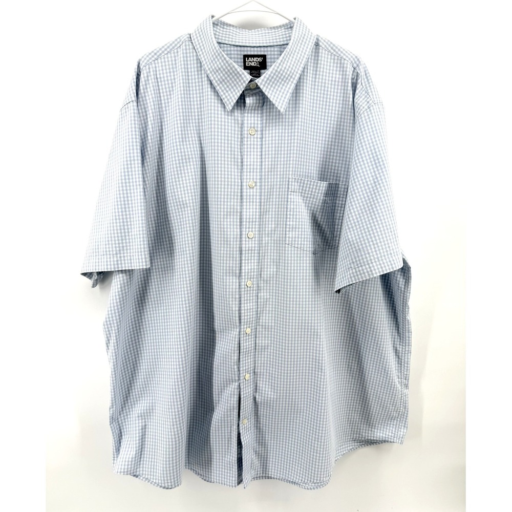 Lands End Shirt Tall Blue White Gingham Short Sleeve Button Up Stretch Men 3XL